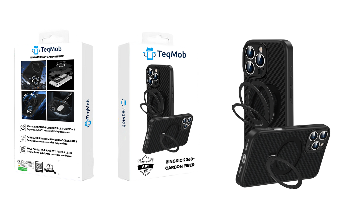 360 RINGKICK Carbon Fiber Case in Package for iPhone 15 Pro