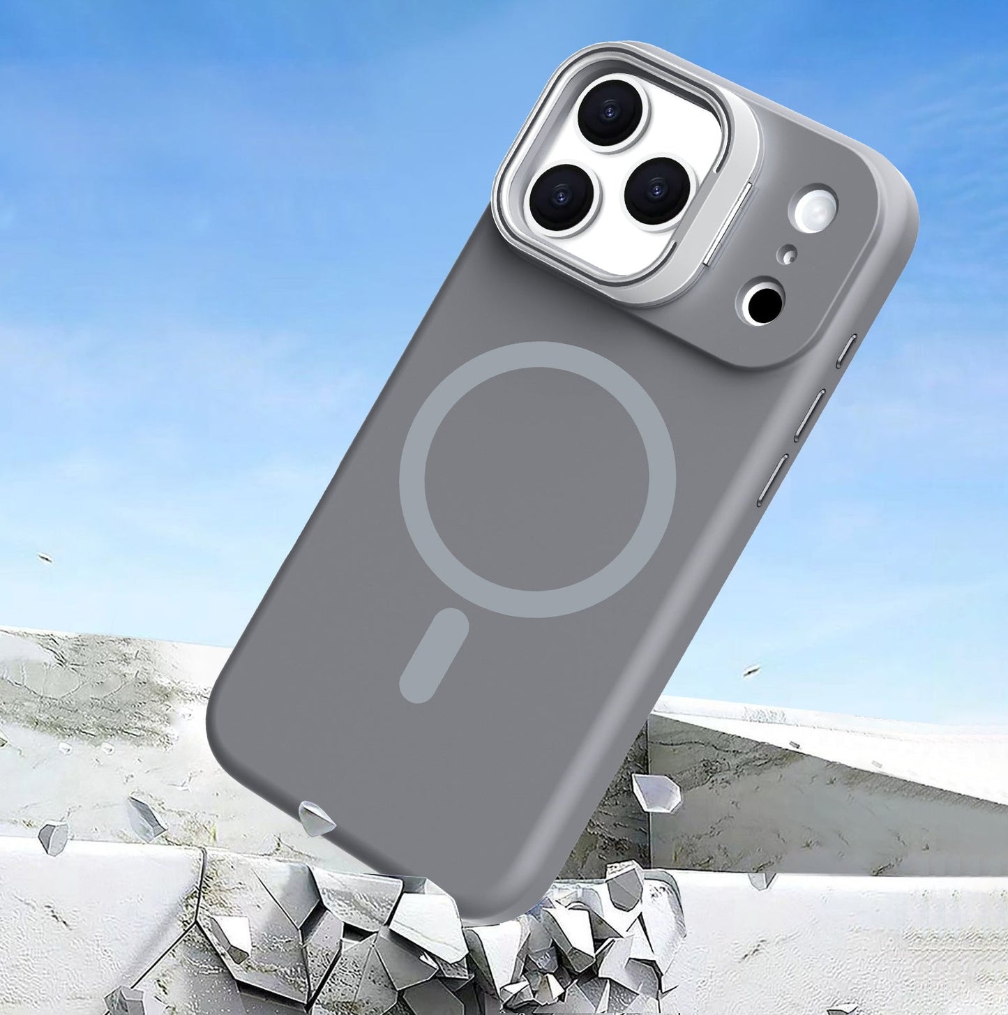 Gray Silicone Camera Kickstand with Magnetic Compatibility for iPhone 17 Pro Max
