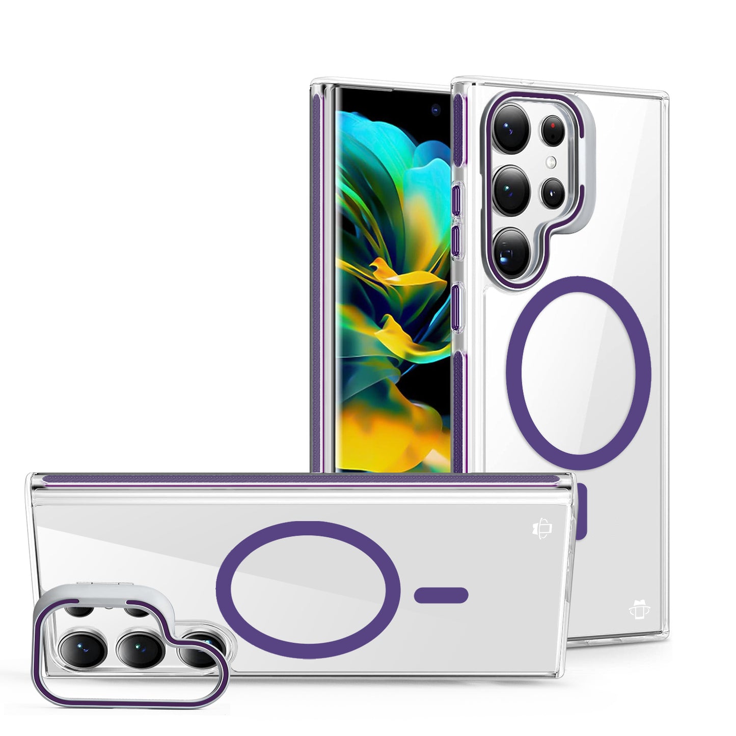 Purple Camera Kickstand Case with Magnetic Compatibility for Samsung Galaxy S24 Ultra with package