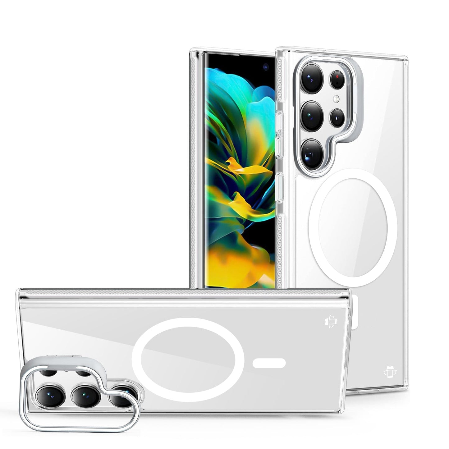 White Camera Kickstand Case with Magnetic Compatibility for Samsung Galaxy S25 Ultra with package