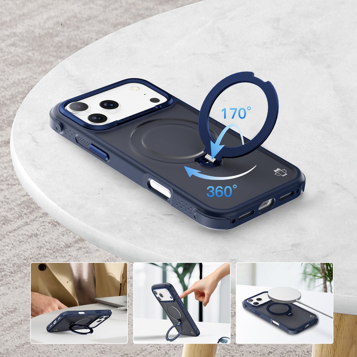 Navy Blue Frosted Bumper with 360° Magnetic Kickstand for iPhone 17 6.1