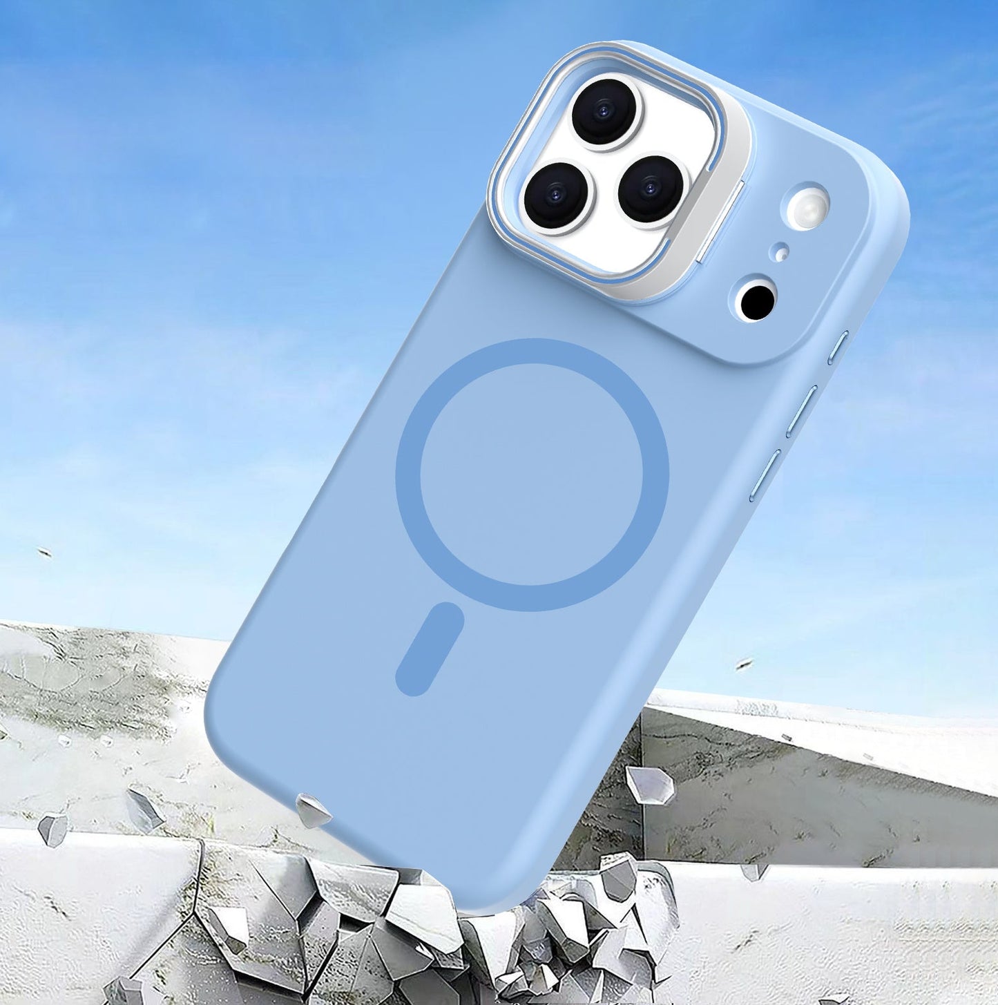 Light Blue Silicone Camera Kickstand with Magnetic Compatibility for iPhone 17 Pro Max