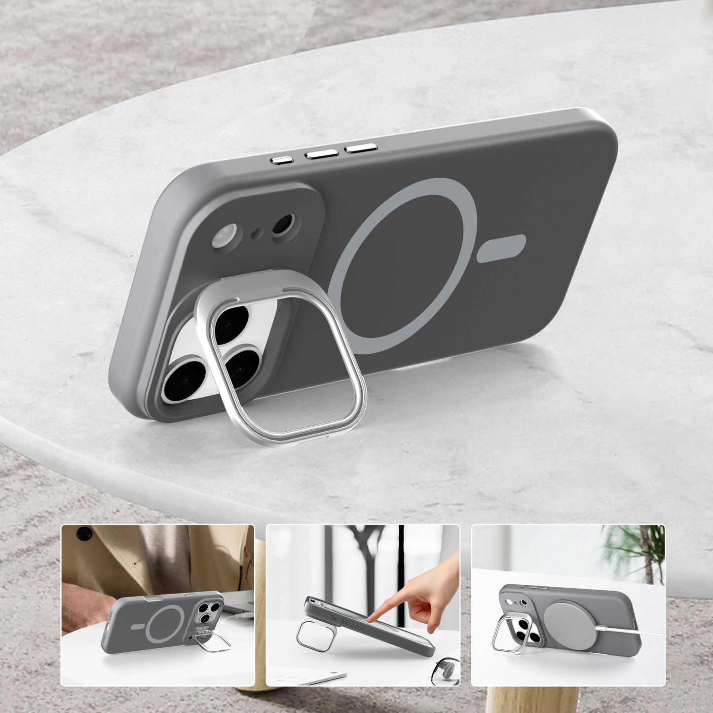 Gray Silicone Camera Kickstand with Magnetic Compatibility for iPhone 17 6.1