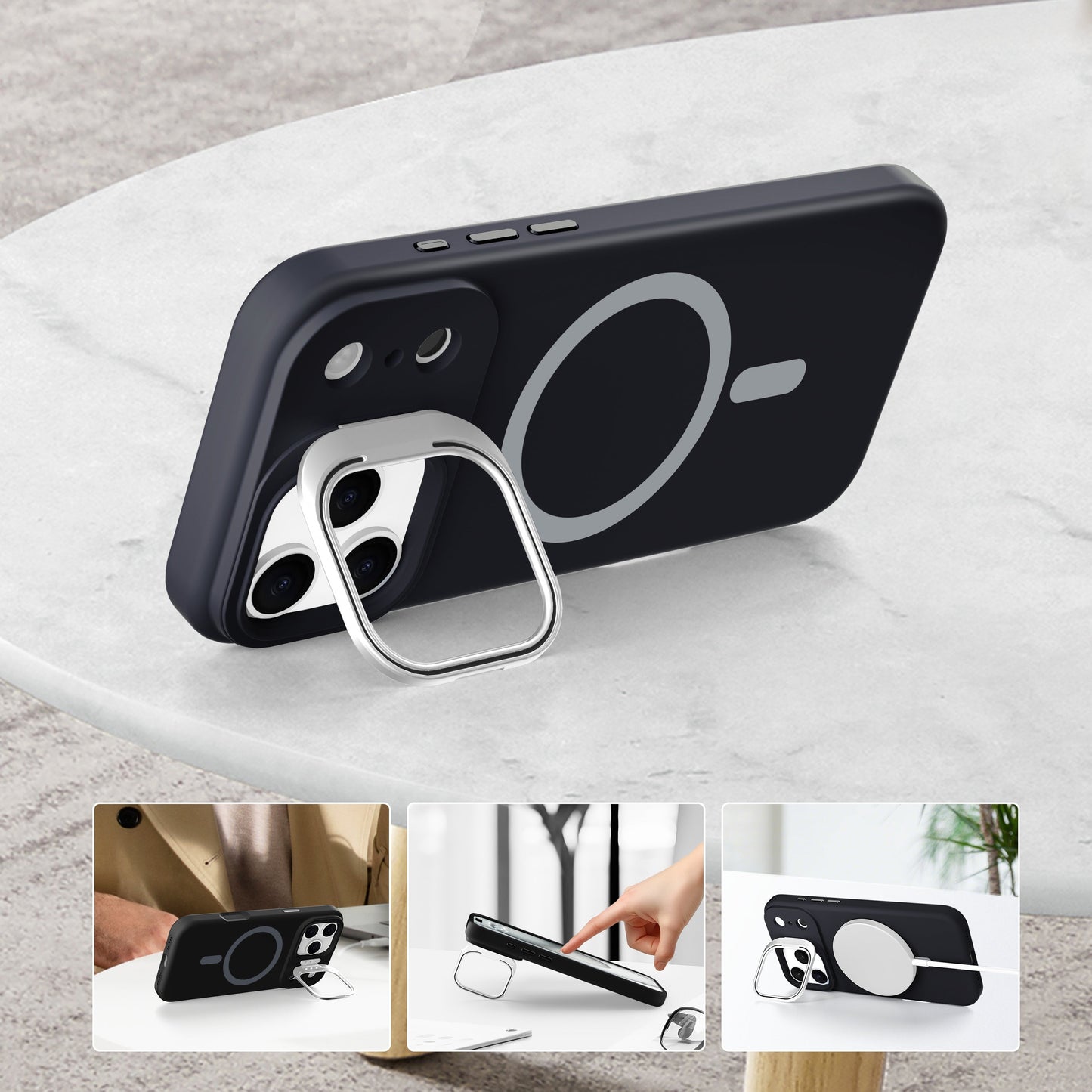 Black Silicone Camera Kickstand with Magnetic Compatibility for iPhone 17 Air