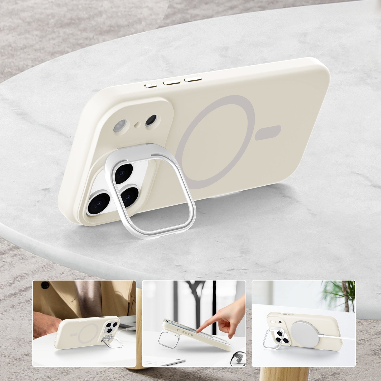 Off-White Silicone Camera Kickstand with Magnetic Compatibility for iPhone 17 Pro