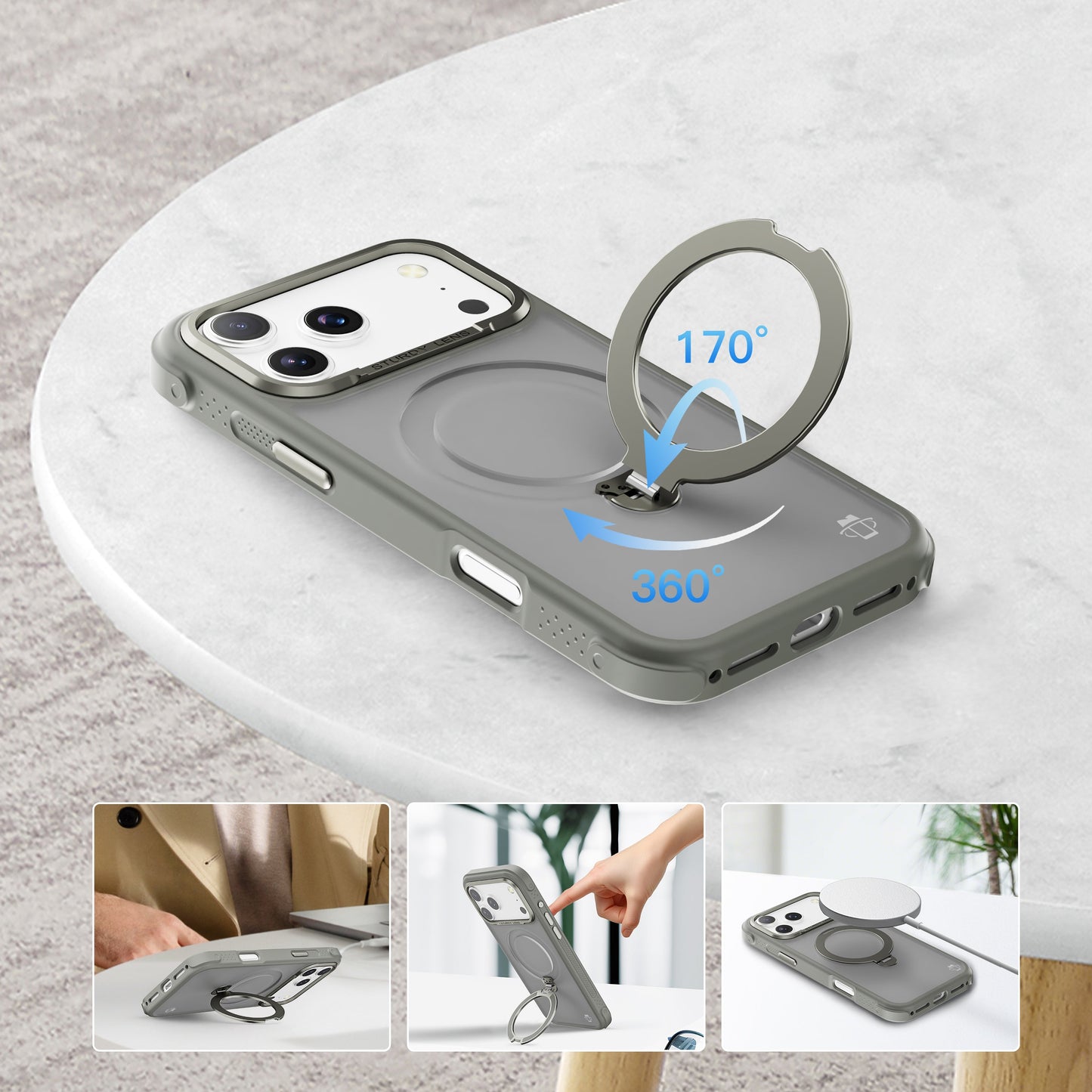 Grey Frosted Bumper with 360° Magnetic Kickstand for iPhone 17 6.1