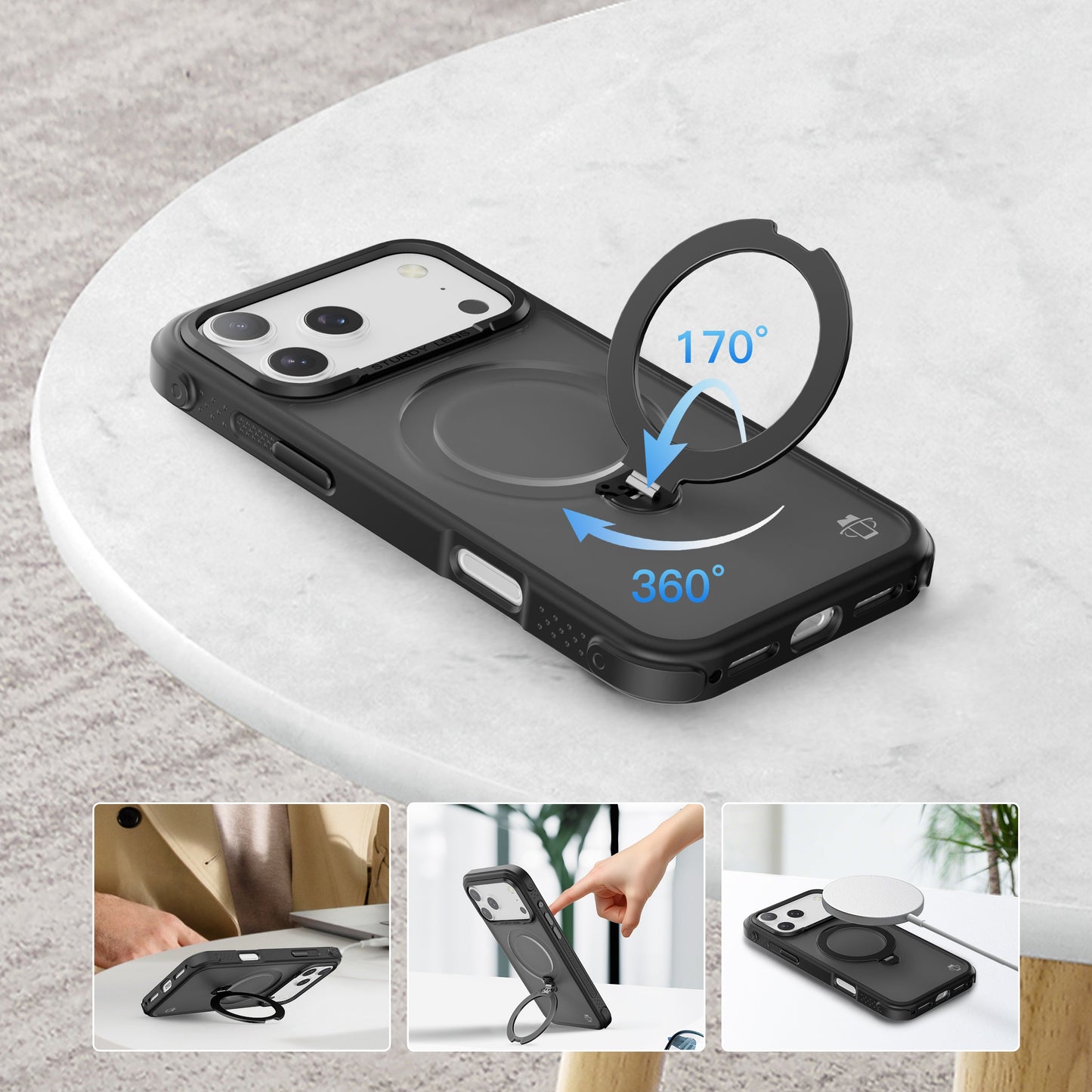 Black Frosted Bumper with 360° Magnetic Kickstand for iPhone 17 Pro Max