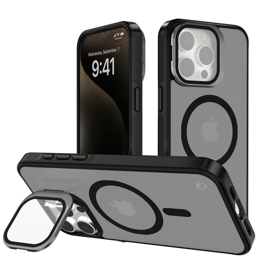 Black Smoked Camera Kickstand Case with Built-In Glass Camera protector and Magnetic Compatibility for iPhone 16 6.1