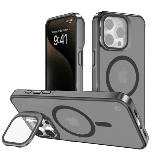 Gray Smoked Camera Kickstand Case with Built-In Glass Camera protector and Magnetic Compatibility for iPhone 16 6.1
