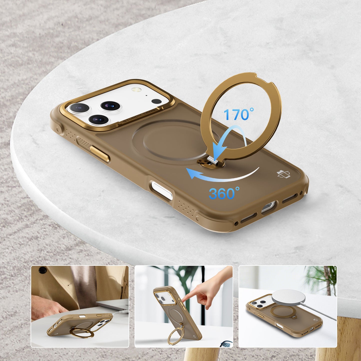 Beige Frosted Bumper with 360° Magnetic Kickstand for iPhone 17 Pro