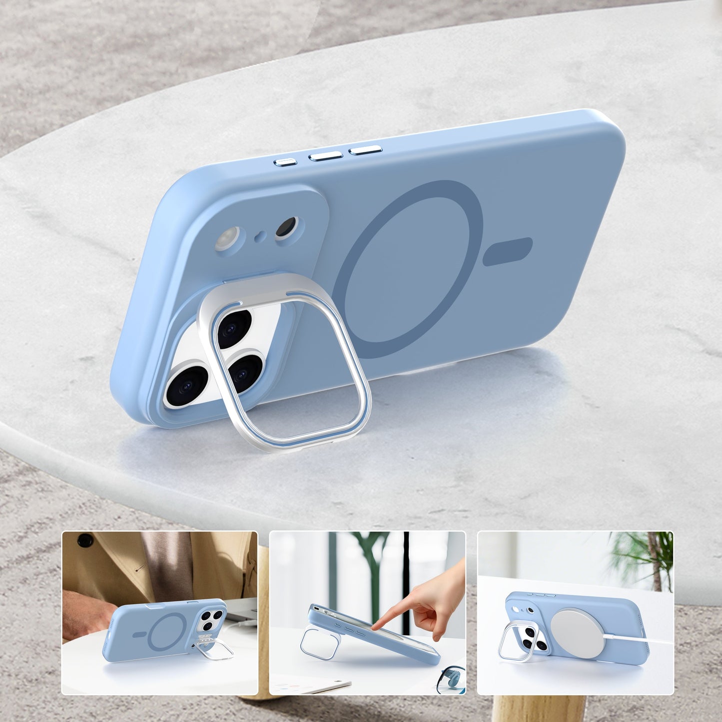 Light Blue Silicone Camera Kickstand with Magnetic Compatibility for iPhone 17 6.1