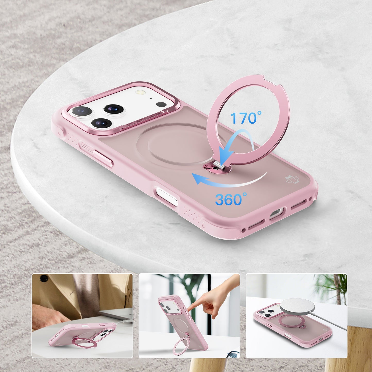 Pink Frosted Bumper with 360° Magnetic Kickstand for iPhone 17 Air