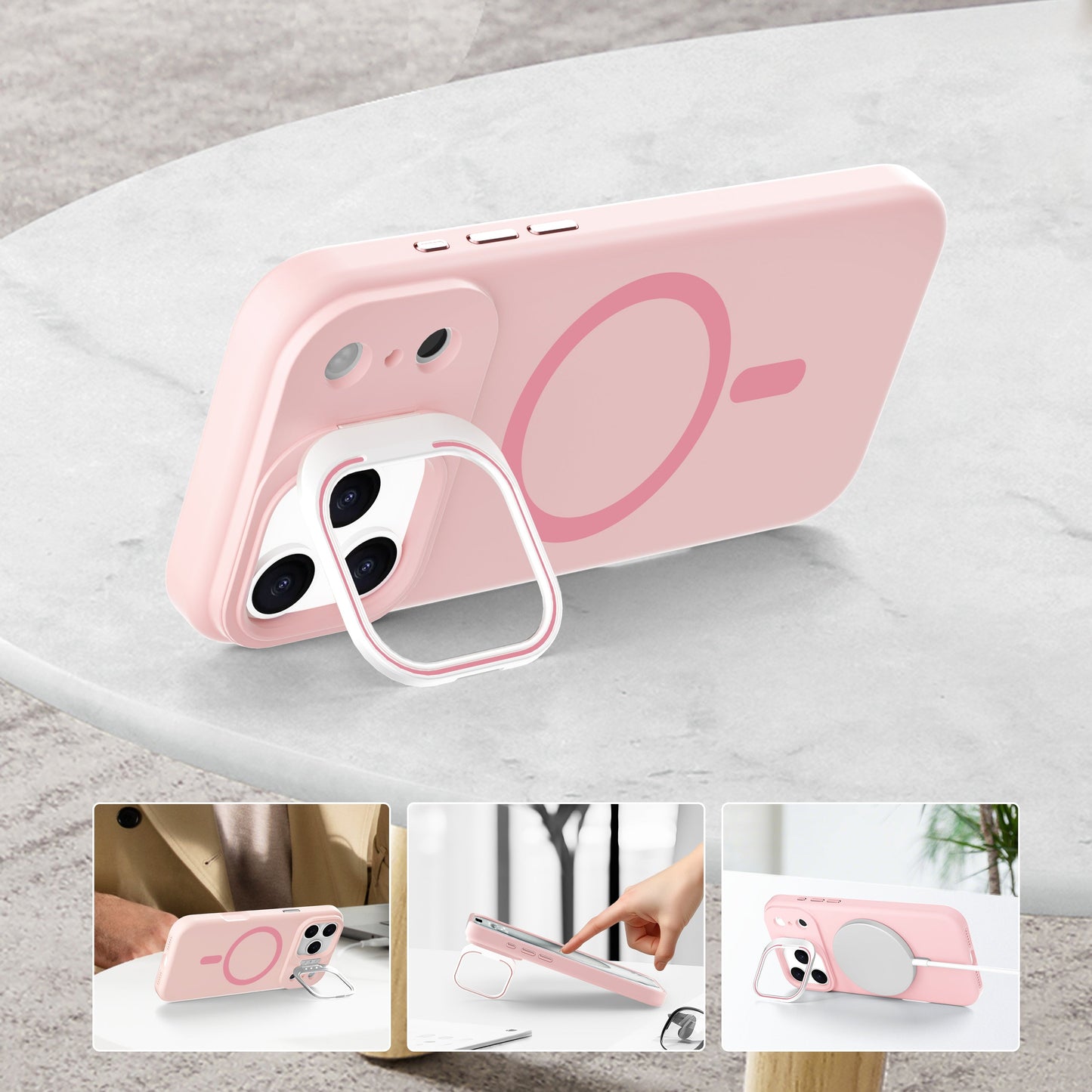 Pink Silicone Camera Kickstand with Magnetic Compatibility for iPhone 17 6.1