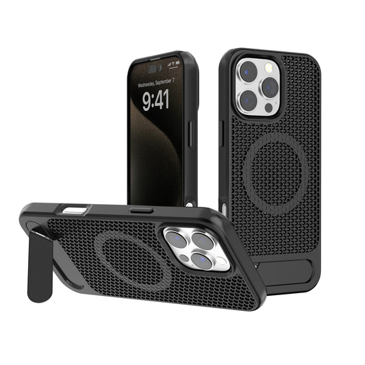 Black Grid Case with Built-In Kickstand and Magnetic Compatibility for iPhone 16 6.1