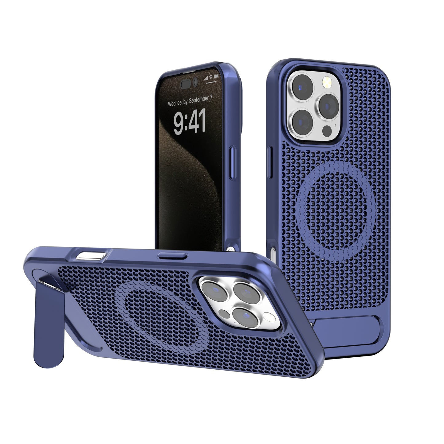 Blue Grid Case with Built-In Kickstand and Magnetic Compatibility for iPhone 16 6.1