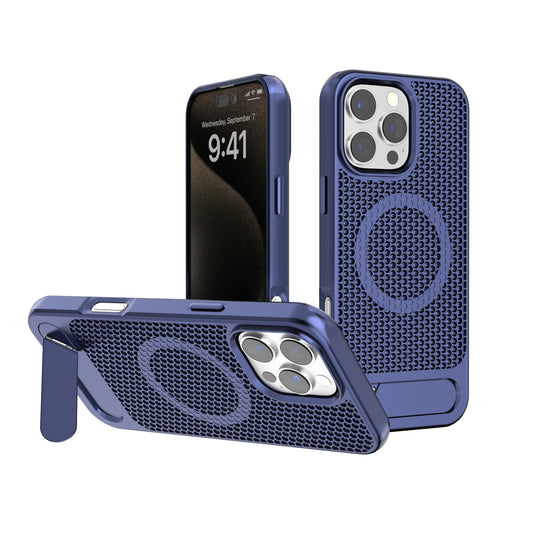 Blue Grid Case with Built-In Kickstand and Magnetic Compatibility for iPhone 16 6.1