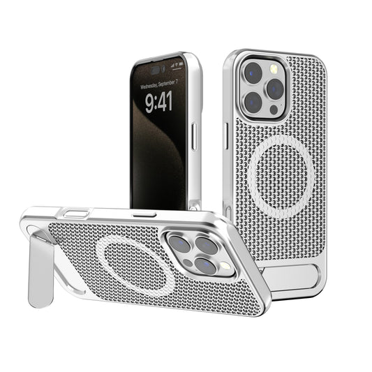 Silver Grid Case with Built-In Kickstand and Magnetic Compatibility for iPhone 16 6.1