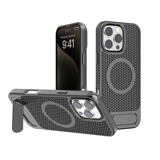 Gray Grid Case with Built-In Kickstand and Magnetic Compatibility for iPhone 16 6.1