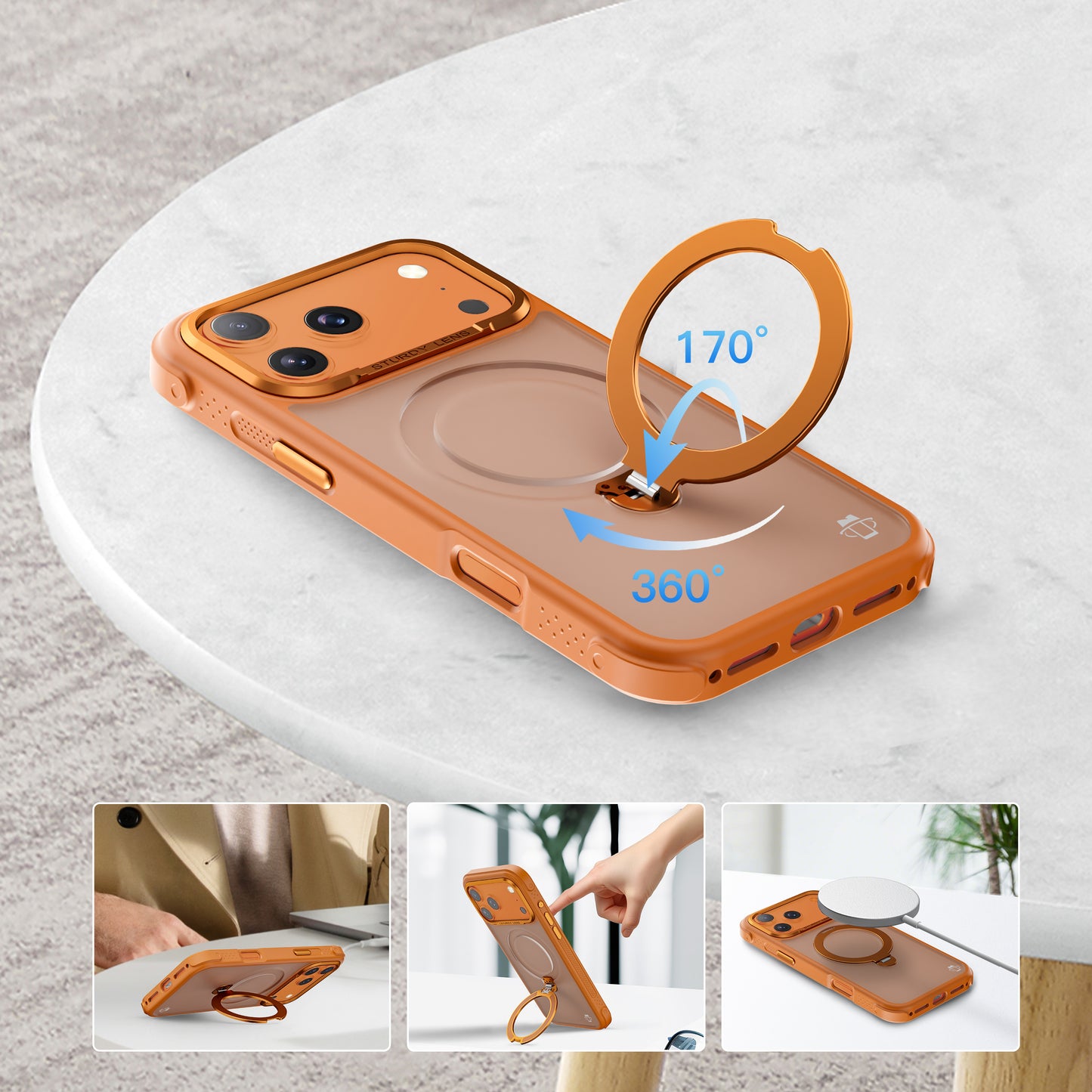 Orange Frosted Bumper with 360° Magnetic Kickstand for iPhone 17 Pro