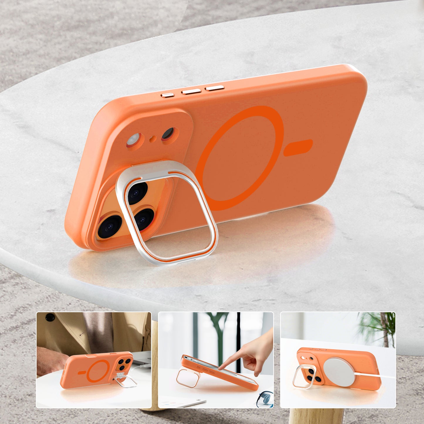 Orange Silicone Camera Kickstand with Magnetic Compatibility for iPhone 17 Pro
