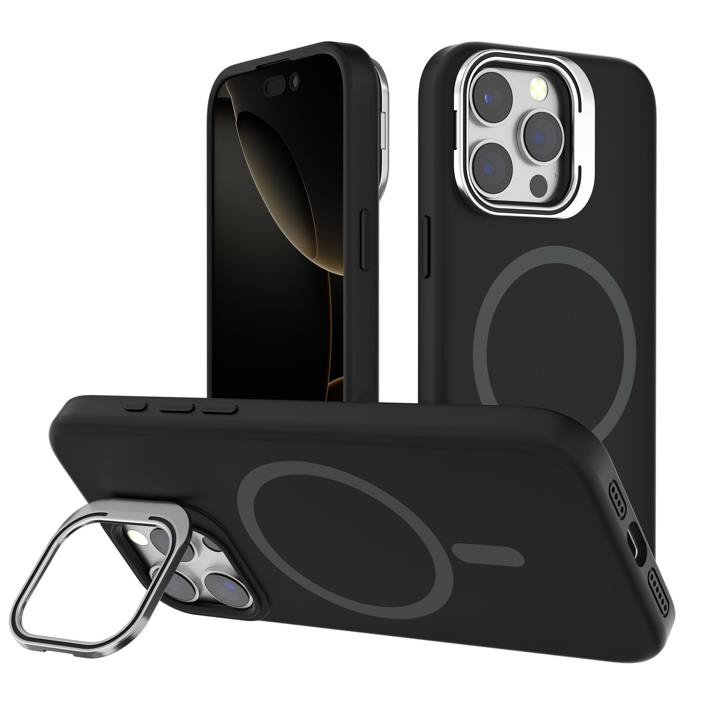 Black Silicone Camera Kickstand with Magnetic Compatibility for iPhone 16 6.1